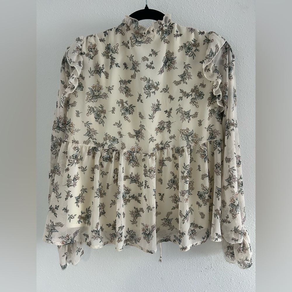 Peach Love California Cream Floral Ruffle Tie-Front Blouse - Picture 3 of 5